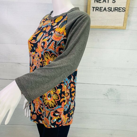 Lularoe Womens RANDY Colorful Floral Orange Blue 3/4 Gray Sleeve Top Sz XS - Picture 6 of 8